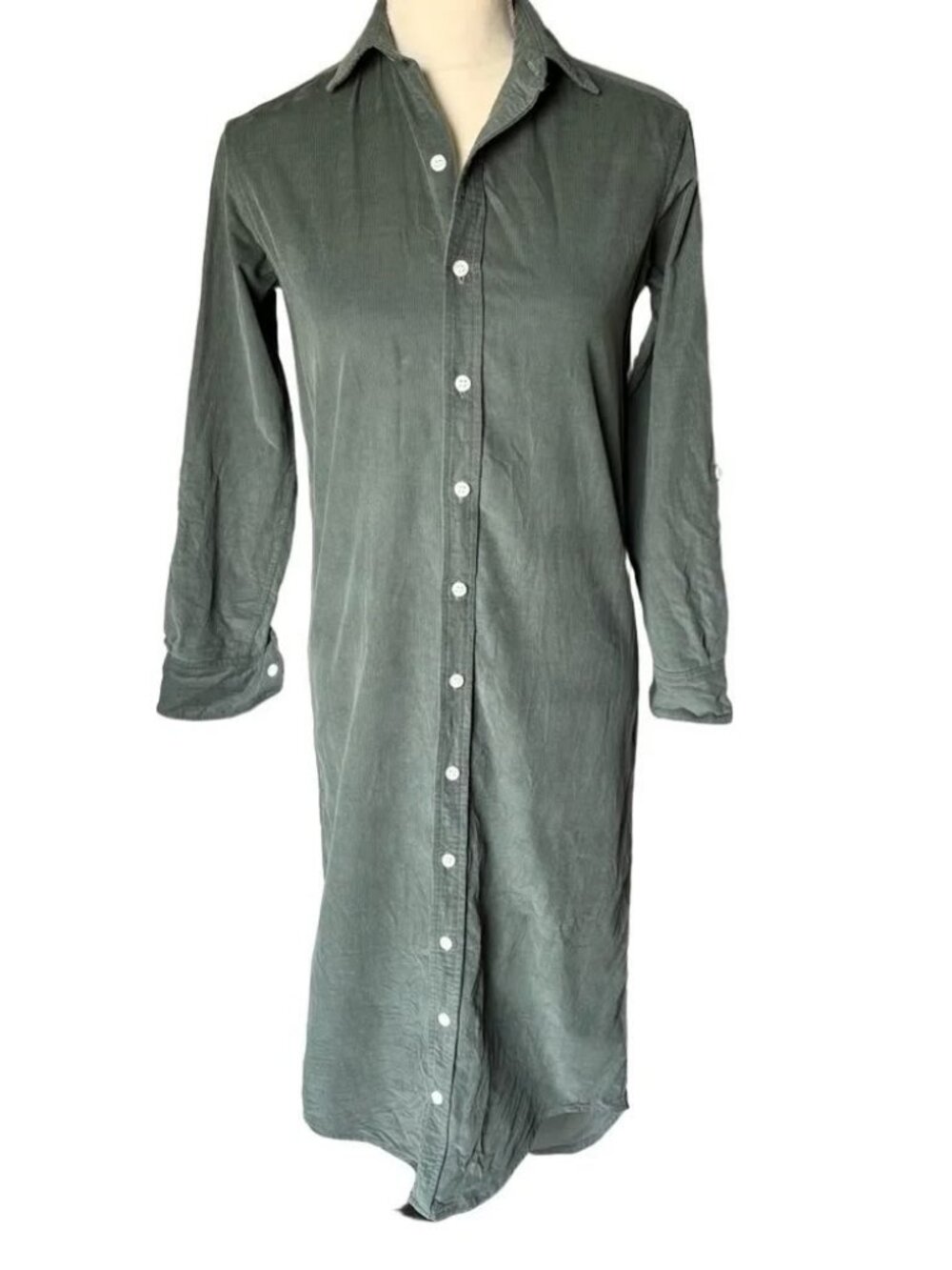 Emily Phillips Shirt Dress | Dark Sage Green Corduroy Long Sleeve